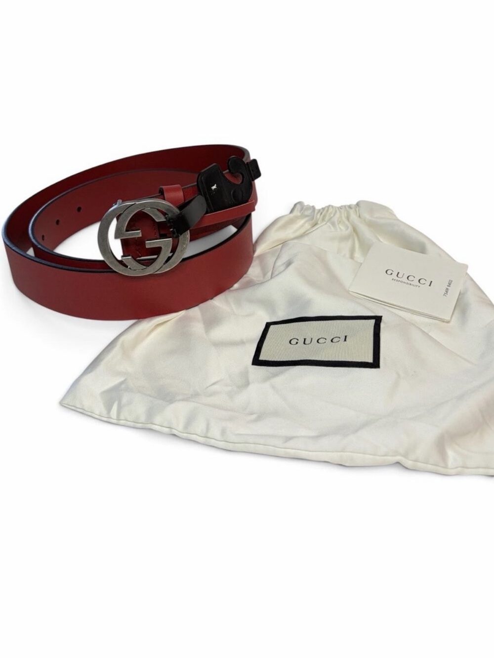 Gucci Interlocking G Red Leather Belt Silver Buckle Size 95/38 NWT Authentic